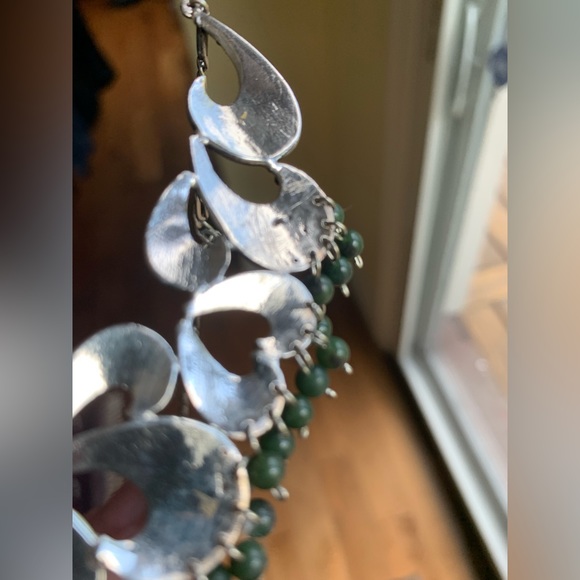 Real silver 3 Pc jewelry set choker necklace ear rings green semiprecious stones - Picture 10 of 13